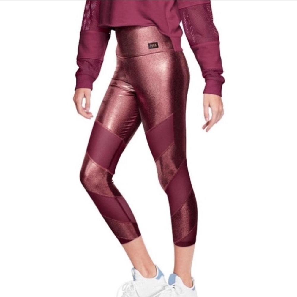 PINK Victoria's Secret Ultimate Leggings Size S Maroon Metallic Shimmer Mesh